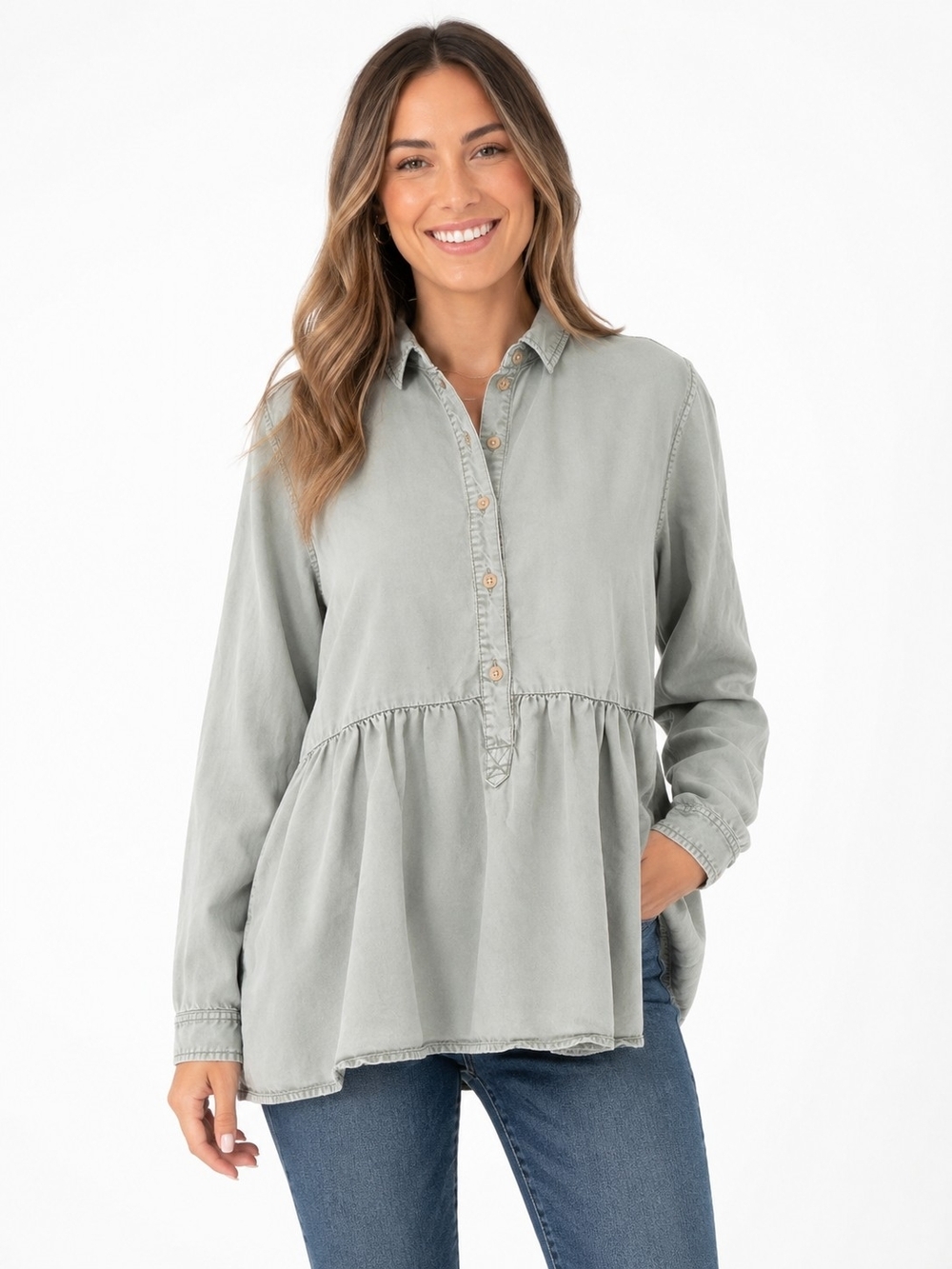 American Eagle Outfitters Sage Green Button-Front Peplum Tunic Women's SP